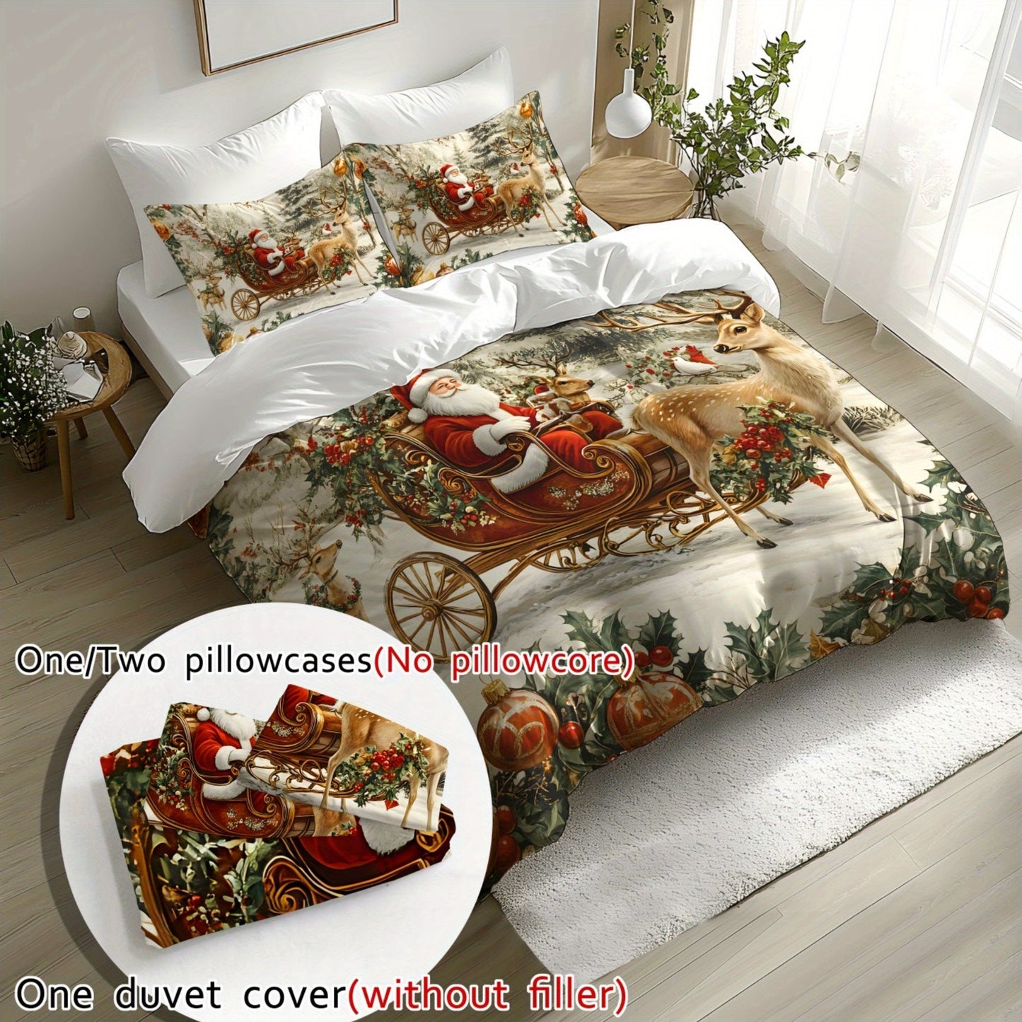 Christmas themed quilt cover kit includes a three-dimensional super soft fleece cover with a digital printing pattern of Santa Claus, Sleigh, Reindeer, Snowman, Snowflake, and Gifts. The kit includes 1 quilt cover and 1 or 2 pillowcases. The fabric is