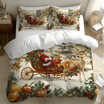 Christmas themed quilt cover kit includes a three-dimensional super soft fleece cover with a digital printing pattern of Santa Claus, Sleigh, Reindeer, Snowman, Snowflake, and Gifts. The kit includes 1 quilt cover and 1 or 2 pillowcases. The fabric is