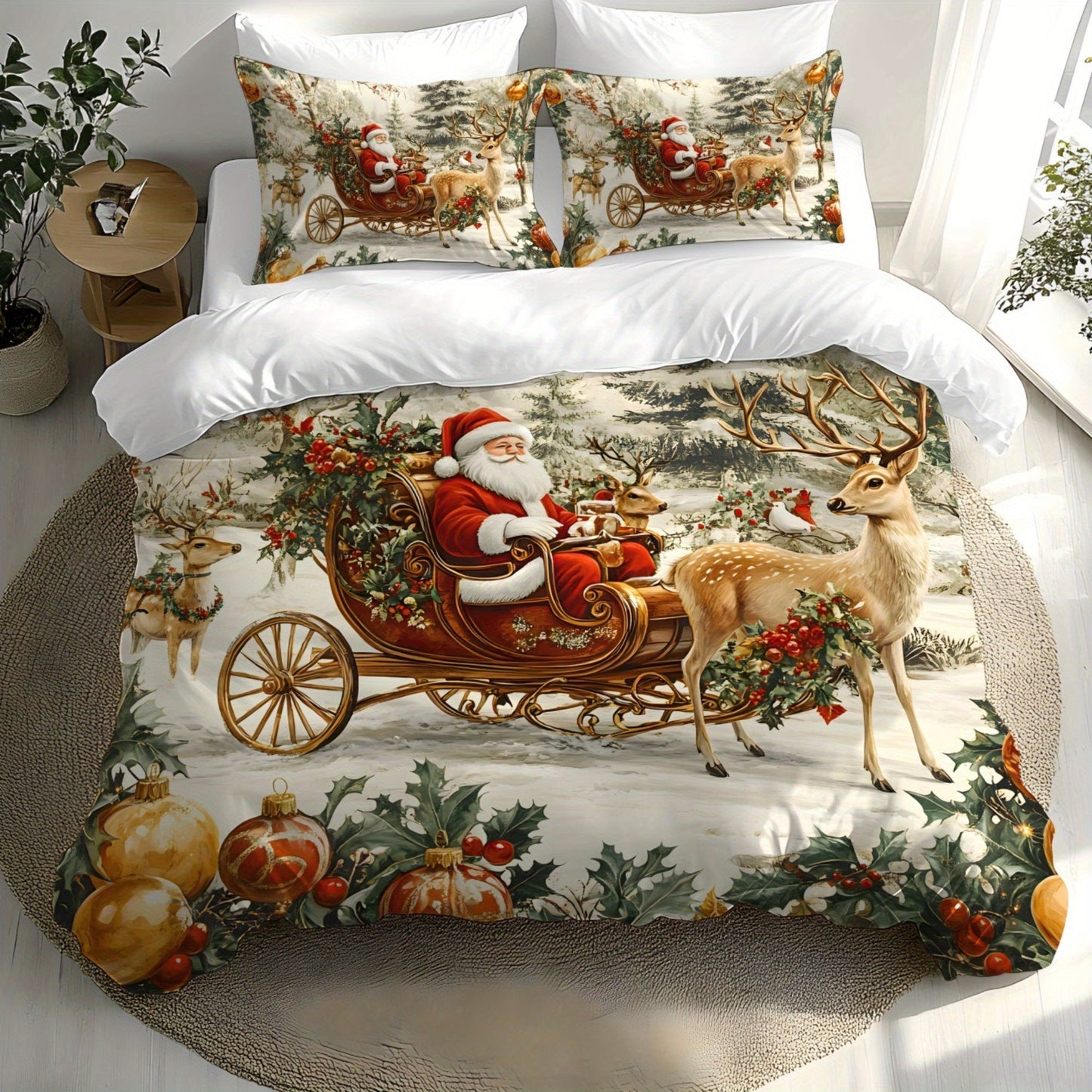 Christmas themed quilt cover kit includes a three-dimensional super soft fleece cover with a digital printing pattern of Santa Claus, Sleigh, Reindeer, Snowman, Snowflake, and Gifts. The kit includes 1 quilt cover and 1 or 2 pillowcases. The fabric is