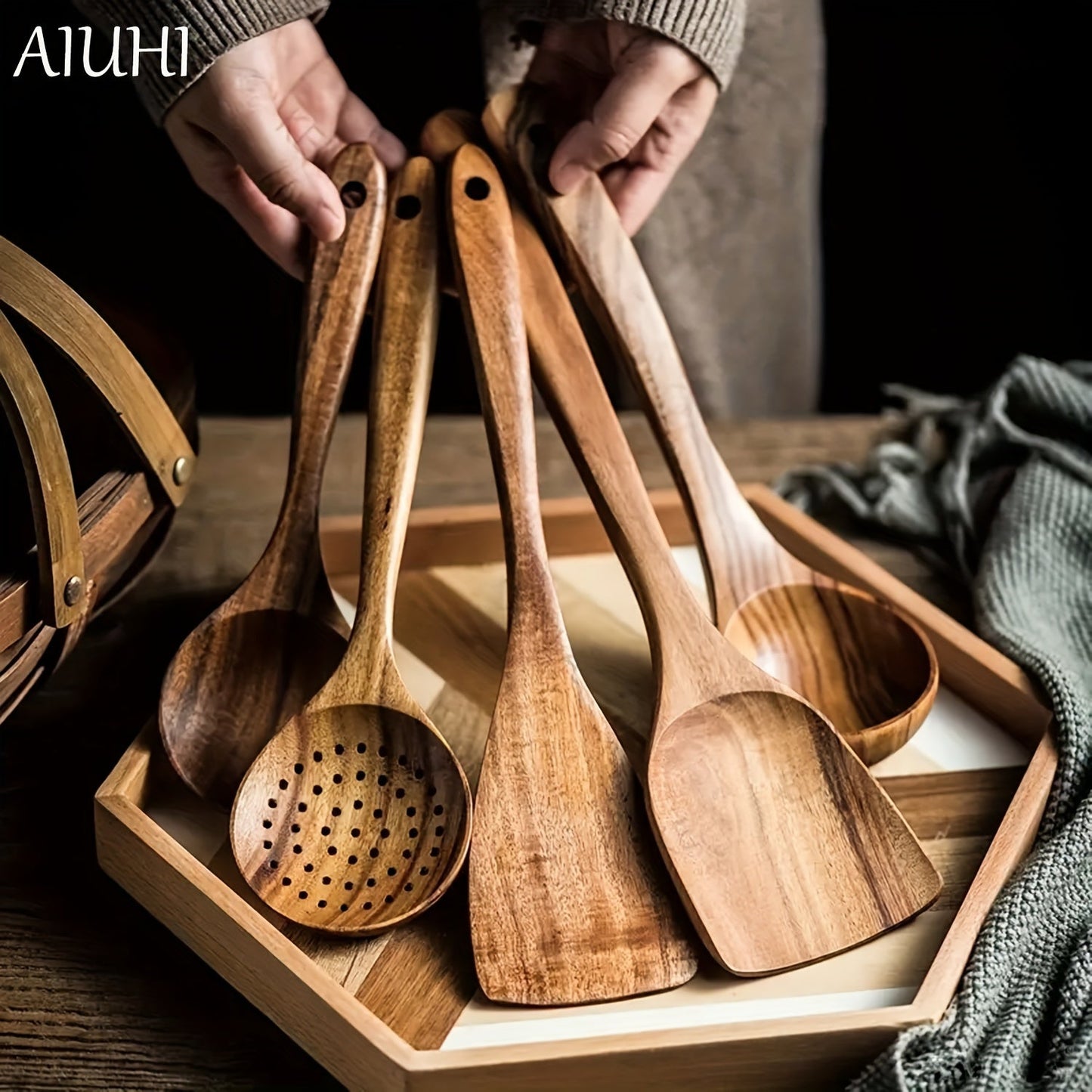 Set of 5 wooden kitchen utensils made from natural wood, ideal for use with non-stick pots, dishes, and kitchen supplies.