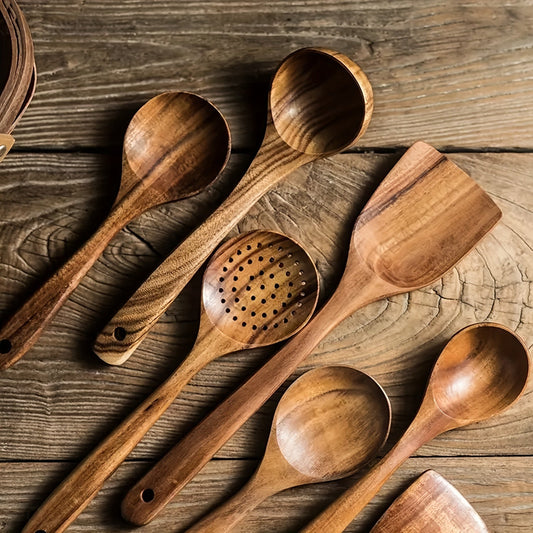 Set of 5 wooden kitchen utensils made from natural wood, ideal for use with non-stick pots, dishes, and kitchen supplies.