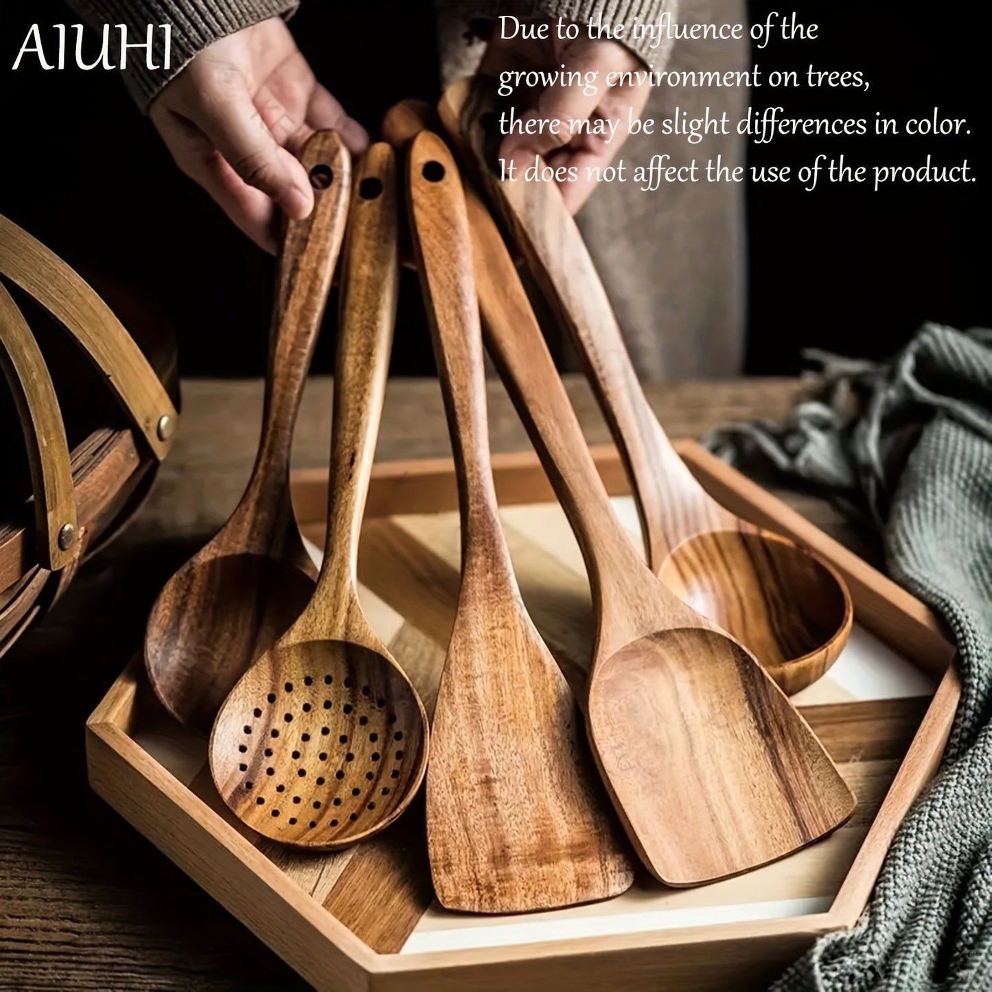 Set of 5 wooden kitchen utensils made from natural wood, ideal for use with non-stick pots, dishes, and kitchen supplies.