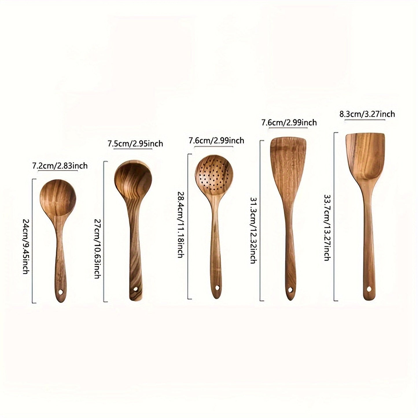 Set of 5 wooden kitchen utensils made from natural wood, ideal for use with non-stick pots, dishes, and kitchen supplies.