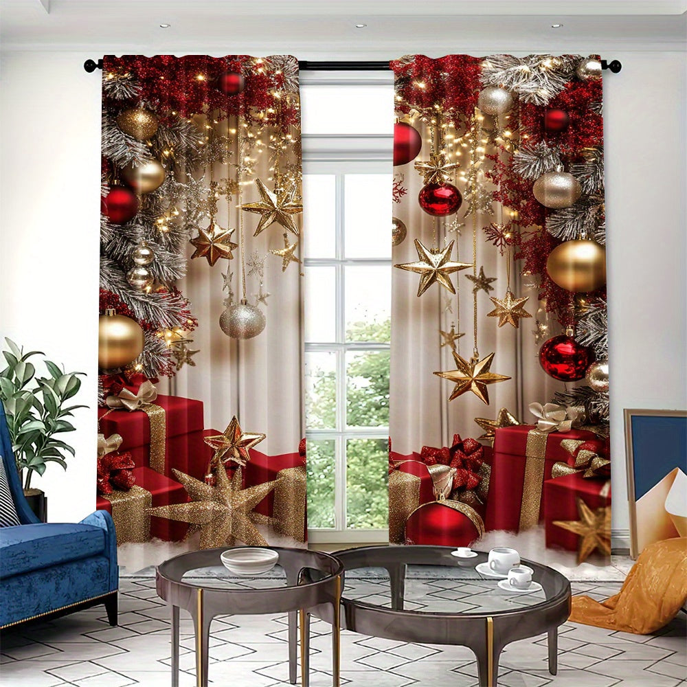 Set of 2 Christmas Star and Ornament Themed Semi-Sheer Curtains - Festive Polyester Rod Pocket Curtains for Living Room & Office Decor (Rod not included)