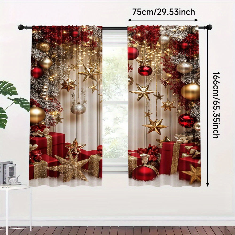 Set of 2 Christmas Star and Ornament Themed Semi-Sheer Curtains - Festive Polyester Rod Pocket Curtains for Living Room & Office Decor (Rod not included)