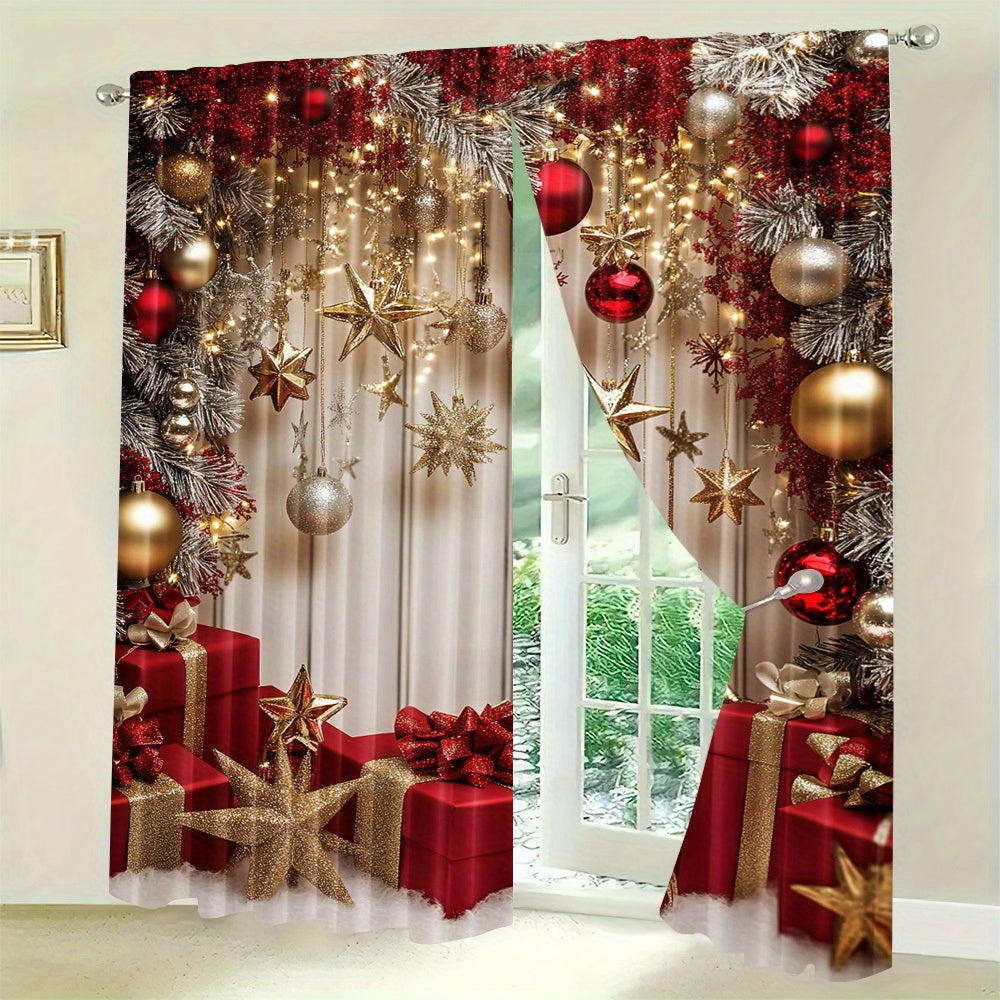 Set of 2 Christmas Star and Ornament Themed Semi-Sheer Curtains - Festive Polyester Rod Pocket Curtains for Living Room & Office Decor (Rod not included)