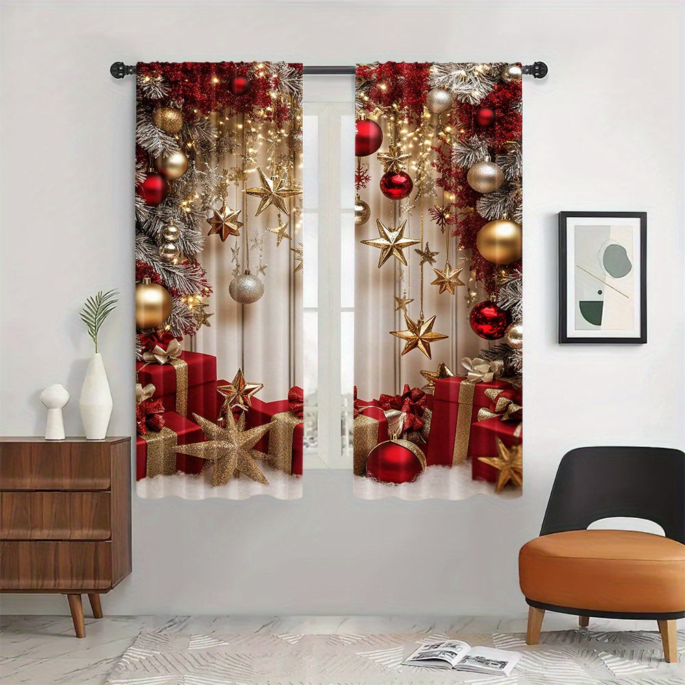 Set of 2 Christmas Star and Ornament Themed Semi-Sheer Curtains - Festive Polyester Rod Pocket Curtains for Living Room & Office Decor (Rod not included)