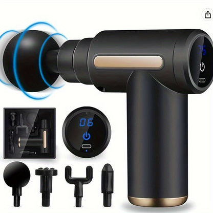 Portable Body Massage Gun with LED Screen, 4 replaceable heads, rechargeable, 1200mAh battery, black & golden design, ideal for home & travel use.