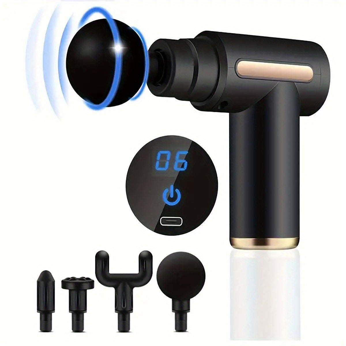 Portable Body Massage Gun with LED Screen, 4 replaceable heads, rechargeable, 1200mAh battery, black & golden design, ideal for home & travel use.