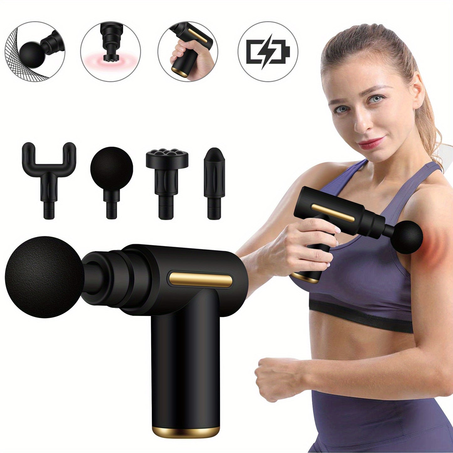 Portable Body Massage Gun with LED Screen, 4 replaceable heads, rechargeable, 1200mAh battery, black & golden design, ideal for home & travel use.