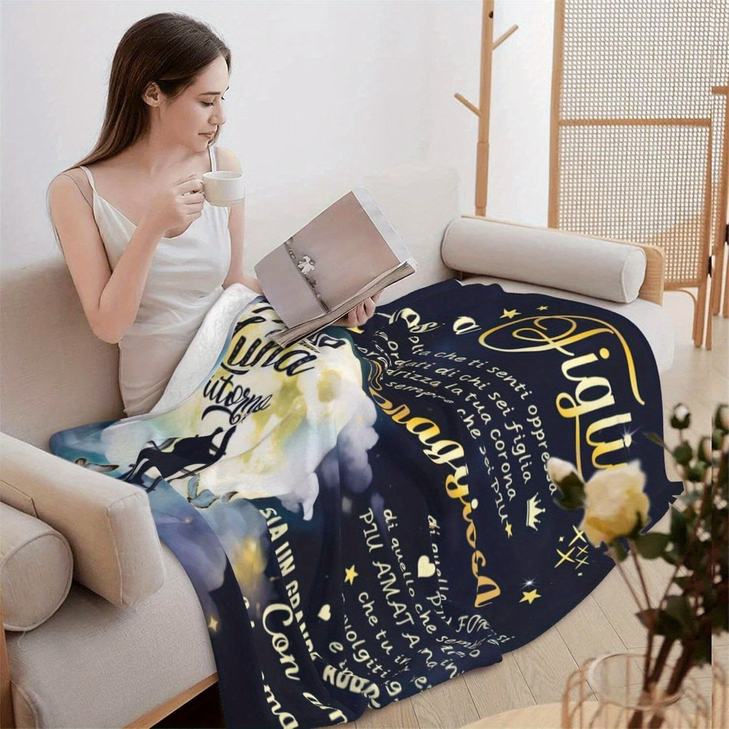 Soft and cozy Italian-inspired flannel throw blanket for your cherished daughter. This all-season blanket features a heartfelt message in golden on navy blue, making it an ideal gift for birthdays, holidays, and anniversaries. Perfect for snuggling on