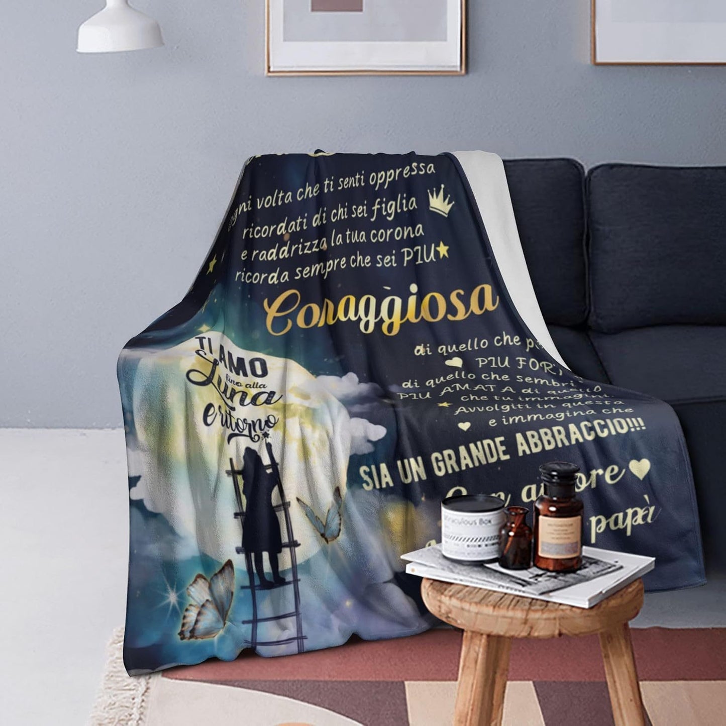 Soft and cozy Italian-inspired flannel throw blanket for your cherished daughter. This all-season blanket features a heartfelt message in golden on navy blue, making it an ideal gift for birthdays, holidays, and anniversaries. Perfect for snuggling on