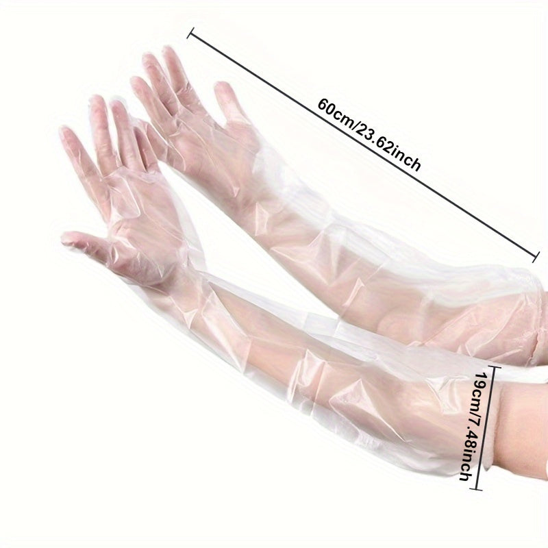 20-Pack of long kitchen cleaning gloves that are waterproof, oil-resistant, and made of durable plastic for comfortable use in various tasks such as dishwashing, cleaning, and gardening. These gloves are made of alcohol-free material and are suitable for