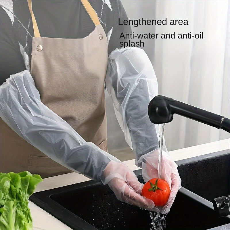 20-Pack of long kitchen cleaning gloves that are waterproof, oil-resistant, and made of durable plastic for comfortable use in various tasks such as dishwashing, cleaning, and gardening. These gloves are made of alcohol-free material and are suitable for