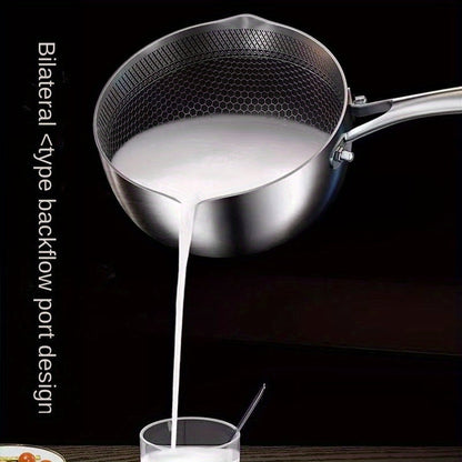 This saucepan is made of durable 316 stainless steel and features a honeycomb non-stick surface, making it perfect for cooking a variety of dishes like baby food, soup, stew, and fried noodles. It also comes with a lid and measuring ladle for added