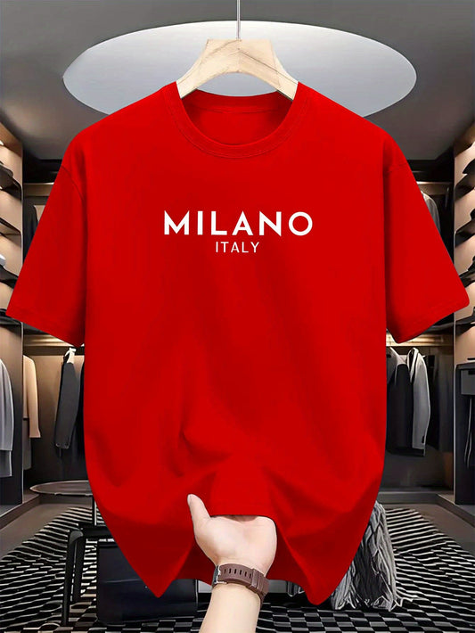 Men's Milano Italy Print T-Shirt, Casual Crew Neck Tee with Polyester Knit Fabric, Summer Short Sleeve Top with Stretch, Fashionable Regular Fit for Adults.