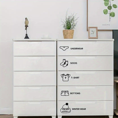 Stylish PVC stickers to organize clothing and home decor items, ideal for labeling bedroom art organizers (storage bins not included).