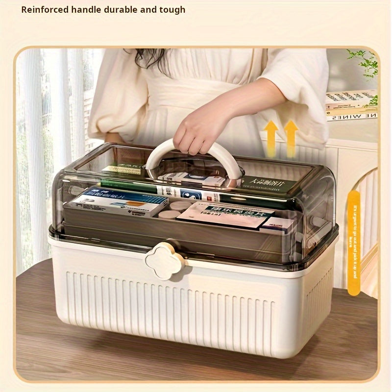 Transparent folding storage box with handle - large capacity, multi-compartment organizer for cosmetics, art supplies, and household items. Dimensions: 29.46cm W x 23.62cm D x 14.99cm H.