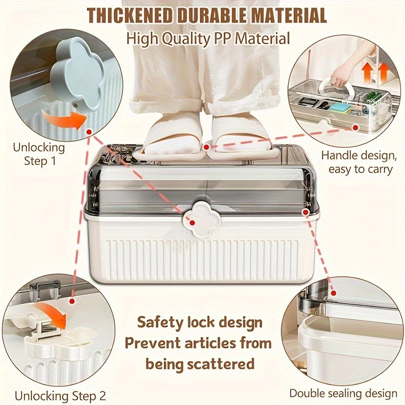 Transparent folding storage box with handle - large capacity, multi-compartment organizer for cosmetics, art supplies, and household items. Dimensions: 29.46cm W x 23.62cm D x 14.99cm H.