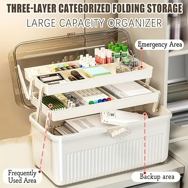 Transparent folding storage box with handle - large capacity, multi-compartment organizer for cosmetics, art supplies, and household items. Dimensions: 29.46cm W x 23.62cm D x 14.99cm H.