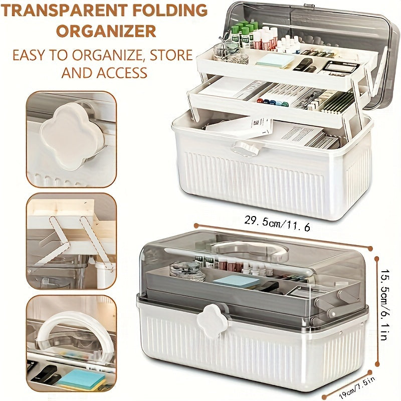 Transparent folding storage box with handle - large capacity, multi-compartment organizer for cosmetics, art supplies, and household items. Dimensions: 29.46cm W x 23.62cm D x 14.99cm H.