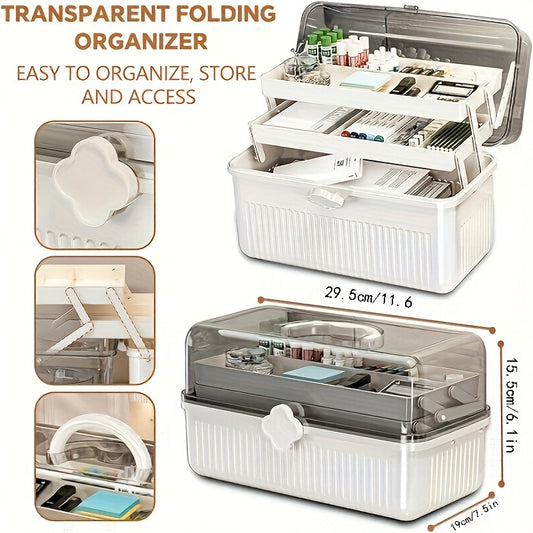 Transparent folding storage box with handle - large capacity, multi-compartment organizer for cosmetics, art supplies, and household items. Dimensions: 29.46cm W x 23.62cm D x 14.99cm H.