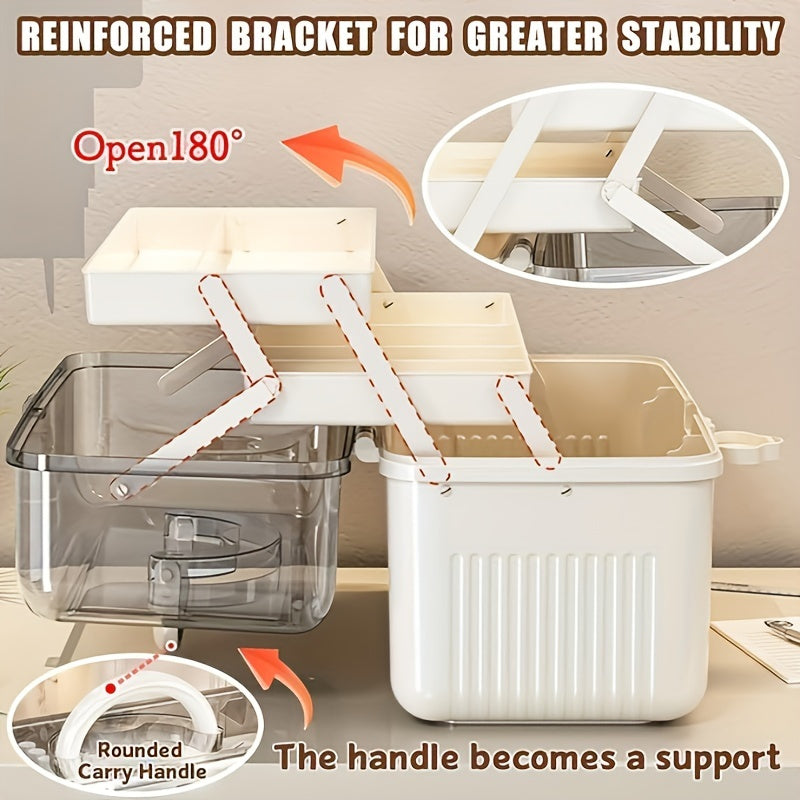 Transparent folding storage box with handle - large capacity, multi-compartment organizer for cosmetics, art supplies, and household items. Dimensions: 29.46cm W x 23.62cm D x 14.99cm H.