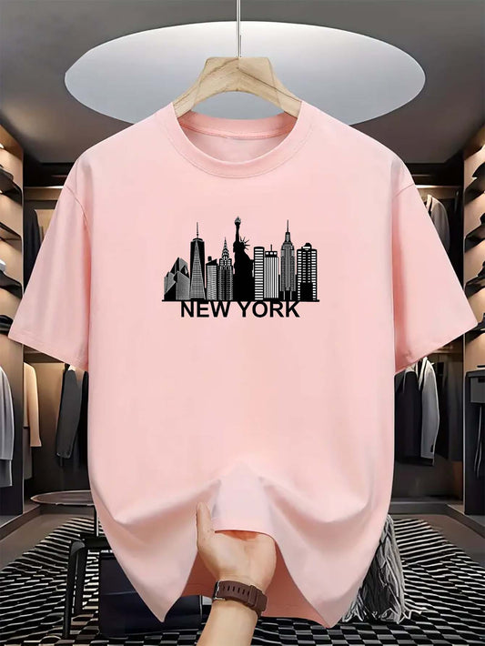 Men's light blue New York City skyline graphic t-shirt for everyday comfort. Casual polyester tee with short sleeves, round neck, and machine washable. Summer fashion essential.