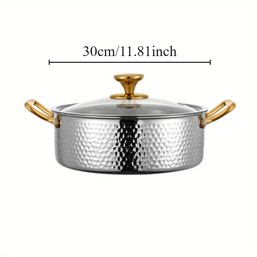 Durable Stainless Steel Hammered Pot, made from 304 SUS with a generous capacity. Ideal for restaurant use, this Chinese soup pot is compatible with both electric and gas stoves. Easy to clean, this kitchen cookware is dishwasher safe.