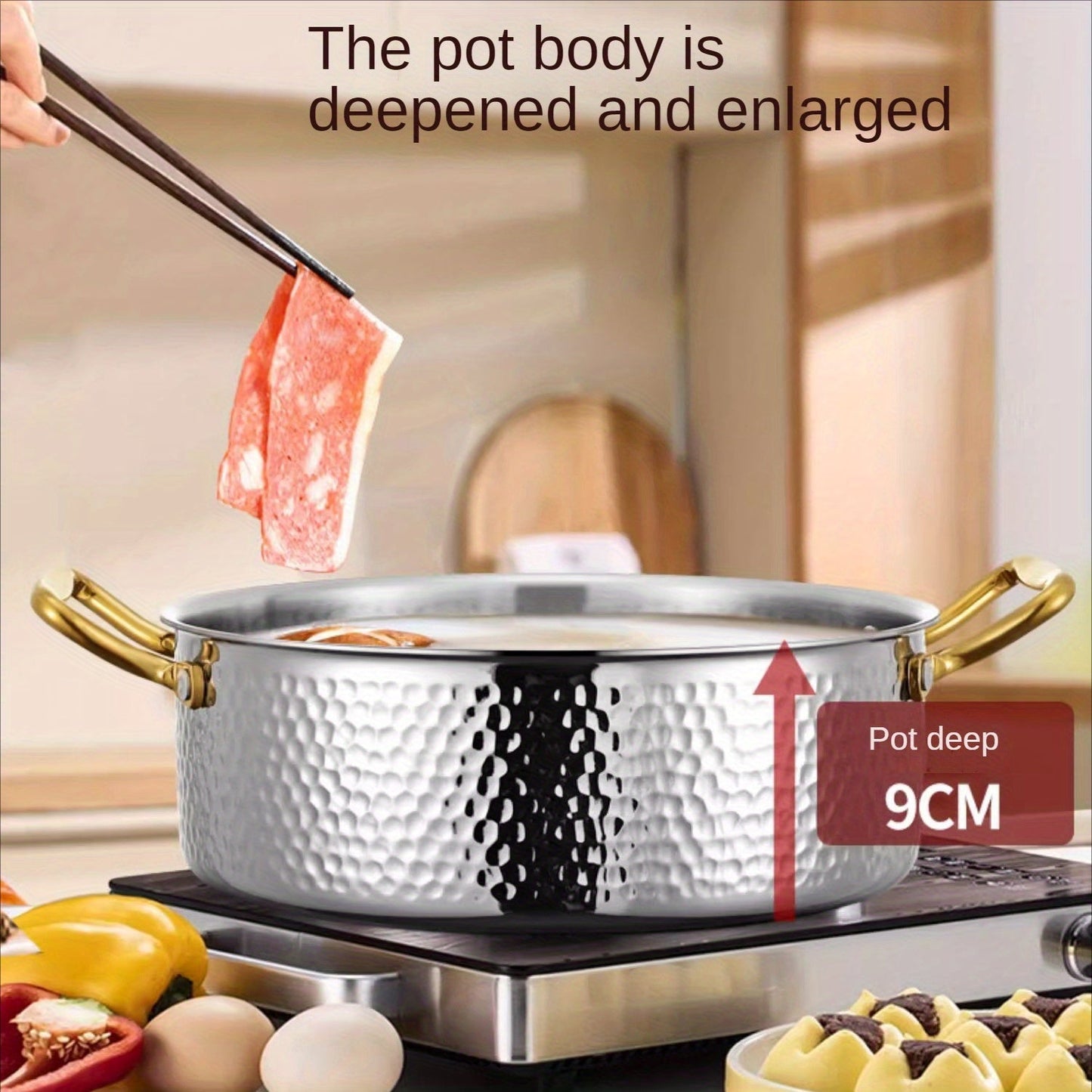 Durable Stainless Steel Hammered Pot, made from 304 SUS with a generous capacity. Ideal for restaurant use, this Chinese soup pot is compatible with both electric and gas stoves. Easy to clean, this kitchen cookware is dishwasher safe.