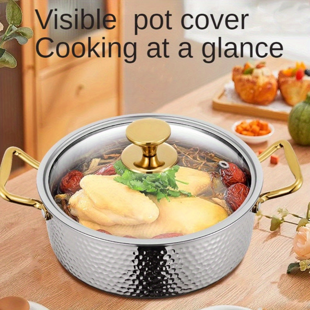 Durable Stainless Steel Hammered Pot, made from 304 SUS with a generous capacity. Ideal for restaurant use, this Chinese soup pot is compatible with both electric and gas stoves. Easy to clean, this kitchen cookware is dishwasher safe.