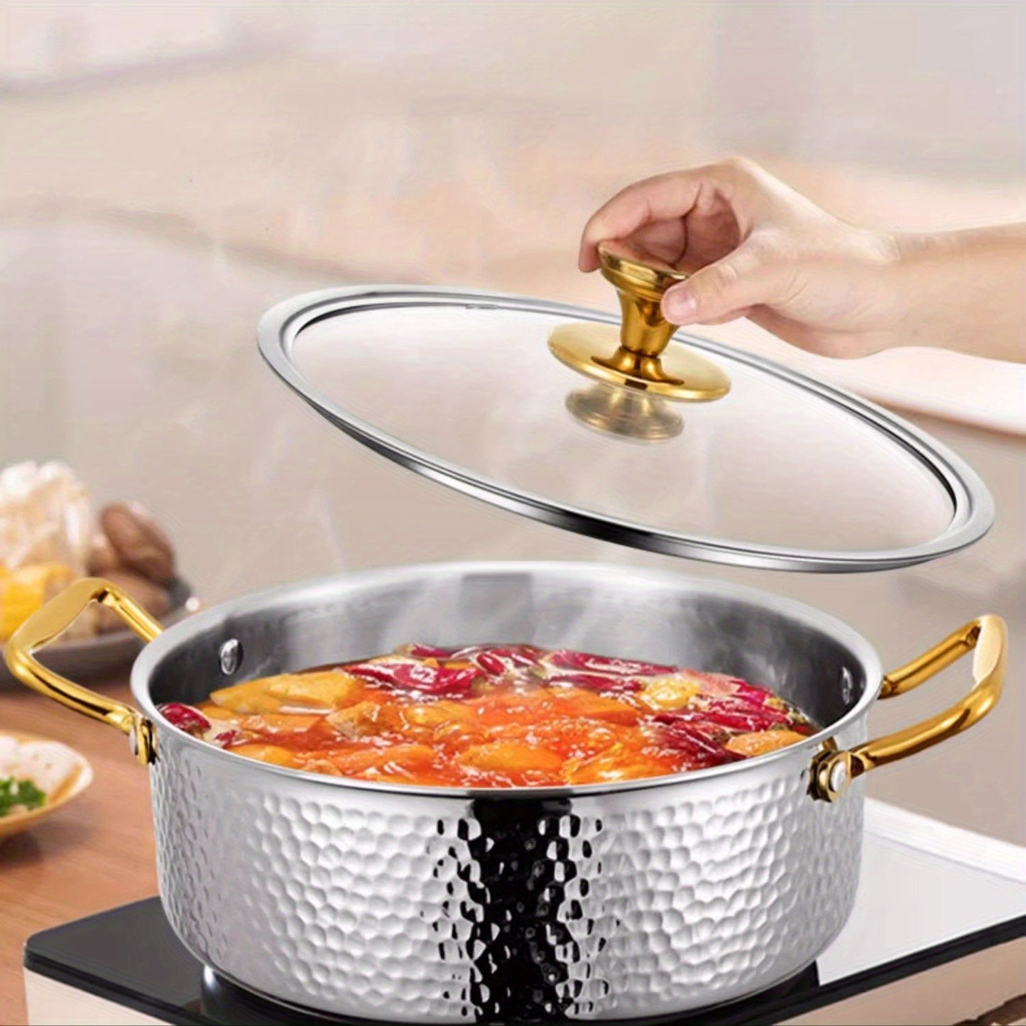 Durable Stainless Steel Hammered Pot, made from 304 SUS with a generous capacity. Ideal for restaurant use, this Chinese soup pot is compatible with both electric and gas stoves. Easy to clean, this kitchen cookware is dishwasher safe.