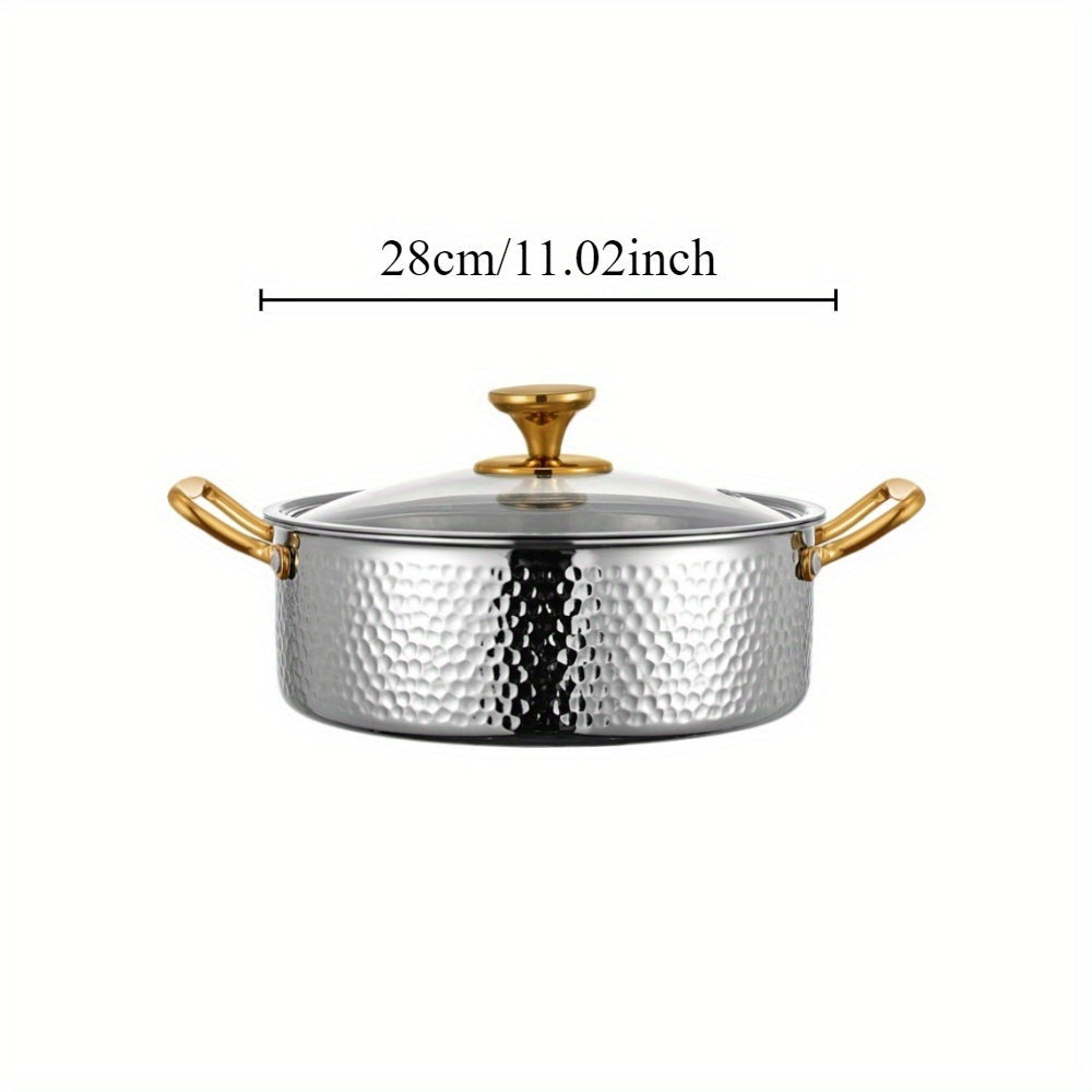 Durable Stainless Steel Hammered Pot, made from 304 SUS with a generous capacity. Ideal for restaurant use, this Chinese soup pot is compatible with both electric and gas stoves. Easy to clean, this kitchen cookware is dishwasher safe.