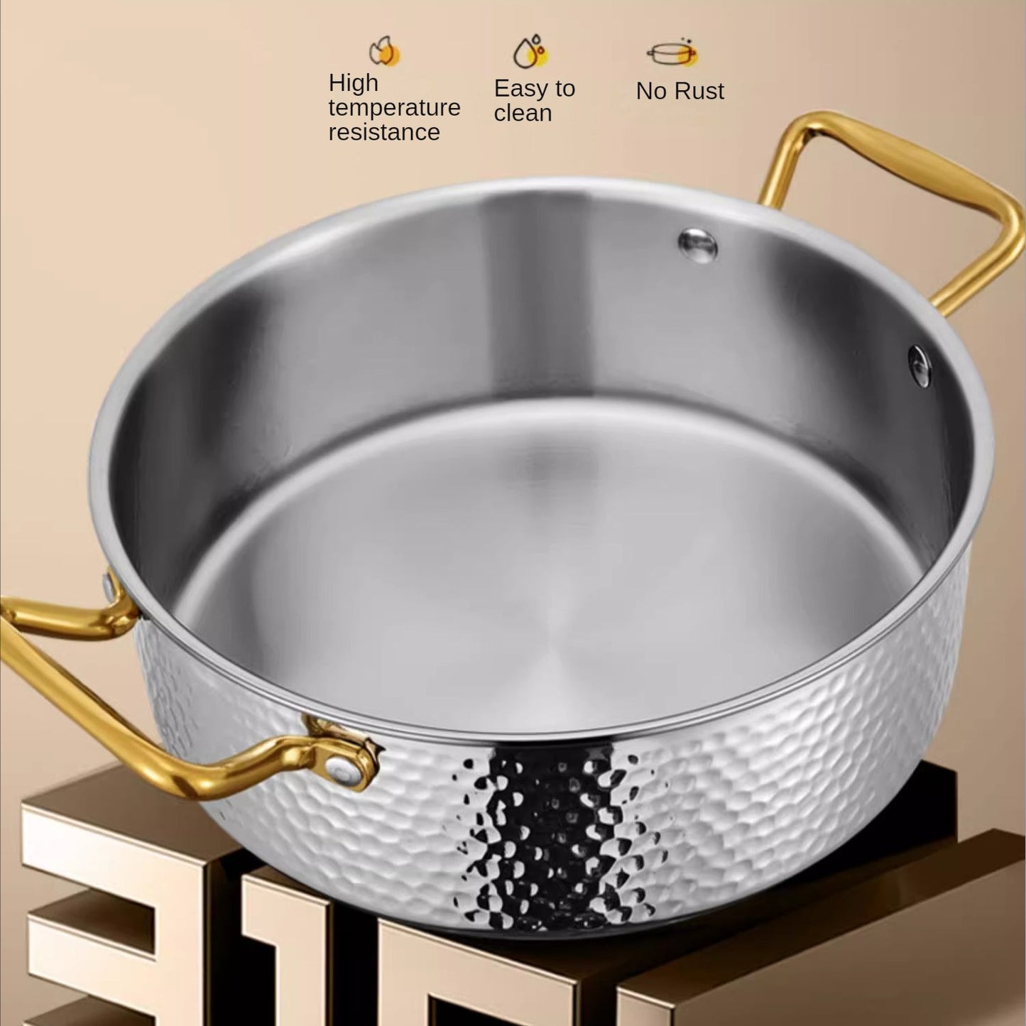 Durable Stainless Steel Hammered Pot, made from 304 SUS with a generous capacity. Ideal for restaurant use, this Chinese soup pot is compatible with both electric and gas stoves. Easy to clean, this kitchen cookware is dishwasher safe.