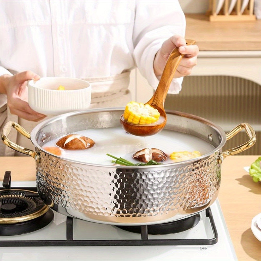 Durable Stainless Steel Hammered Pot, made from 304 SUS with a generous capacity. Ideal for restaurant use, this Chinese soup pot is compatible with both electric and gas stoves. Easy to clean, this kitchen cookware is dishwasher safe.