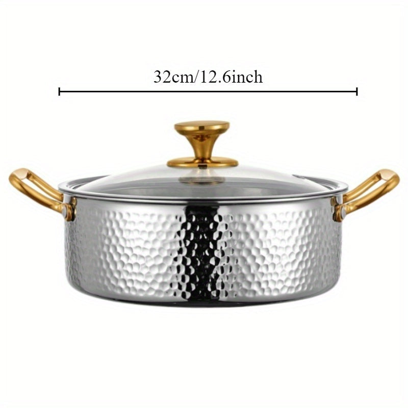 Durable Stainless Steel Hammered Pot, made from 304 SUS with a generous capacity. Ideal for restaurant use, this Chinese soup pot is compatible with both electric and gas stoves. Easy to clean, this kitchen cookware is dishwasher safe.