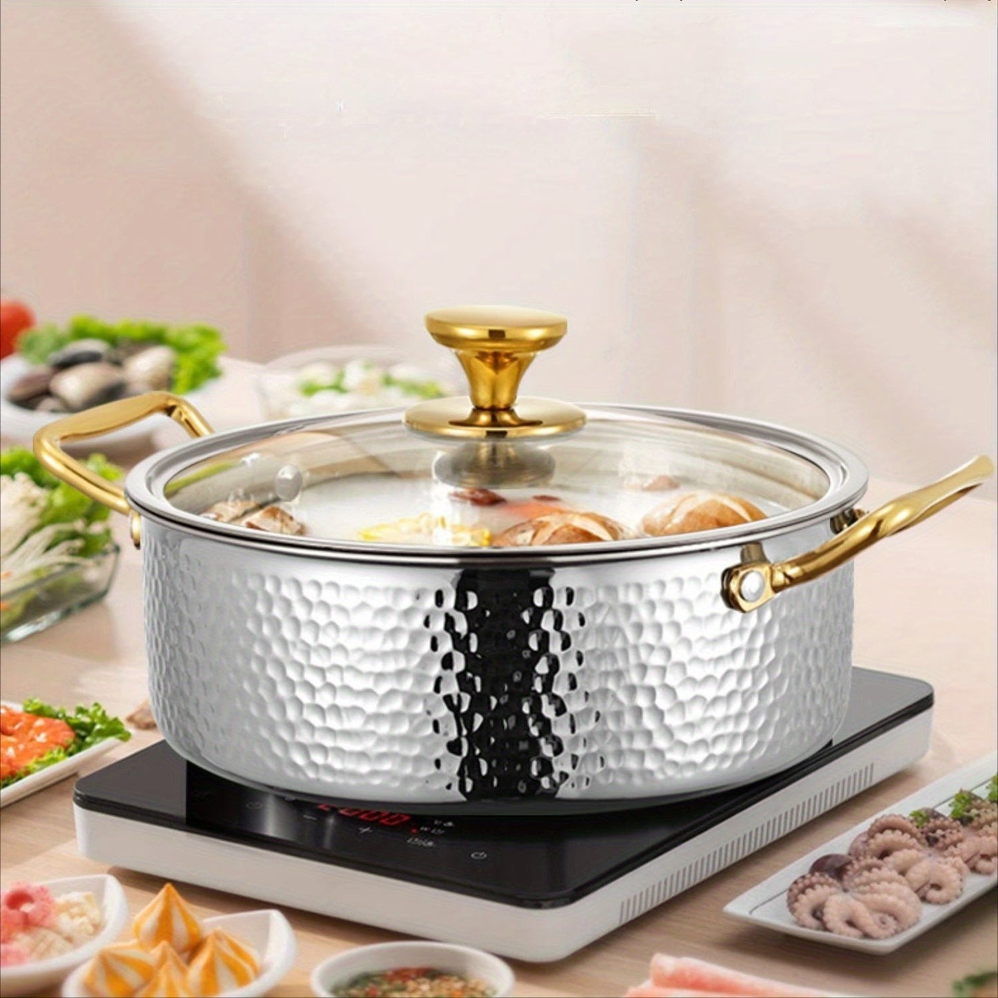 Durable Stainless Steel Hammered Pot, made from 304 SUS with a generous capacity. Ideal for restaurant use, this Chinese soup pot is compatible with both electric and gas stoves. Easy to clean, this kitchen cookware is dishwasher safe.