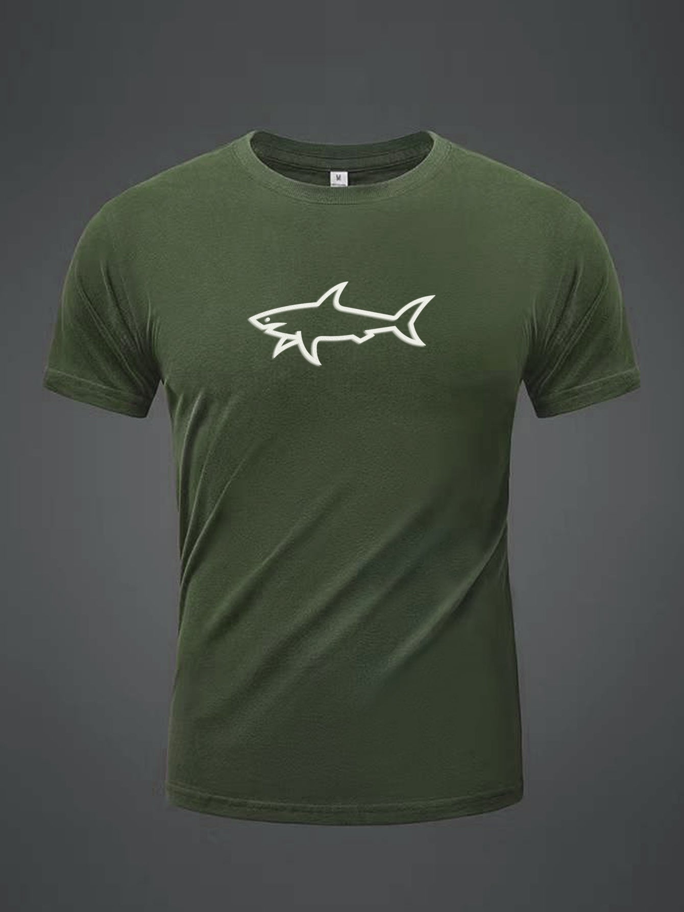 100% Cotton Men's T-Shirt with Shark Graphic, Crew Neck Short Sleeve Tee, Flocking Print, Summer Fabric Top