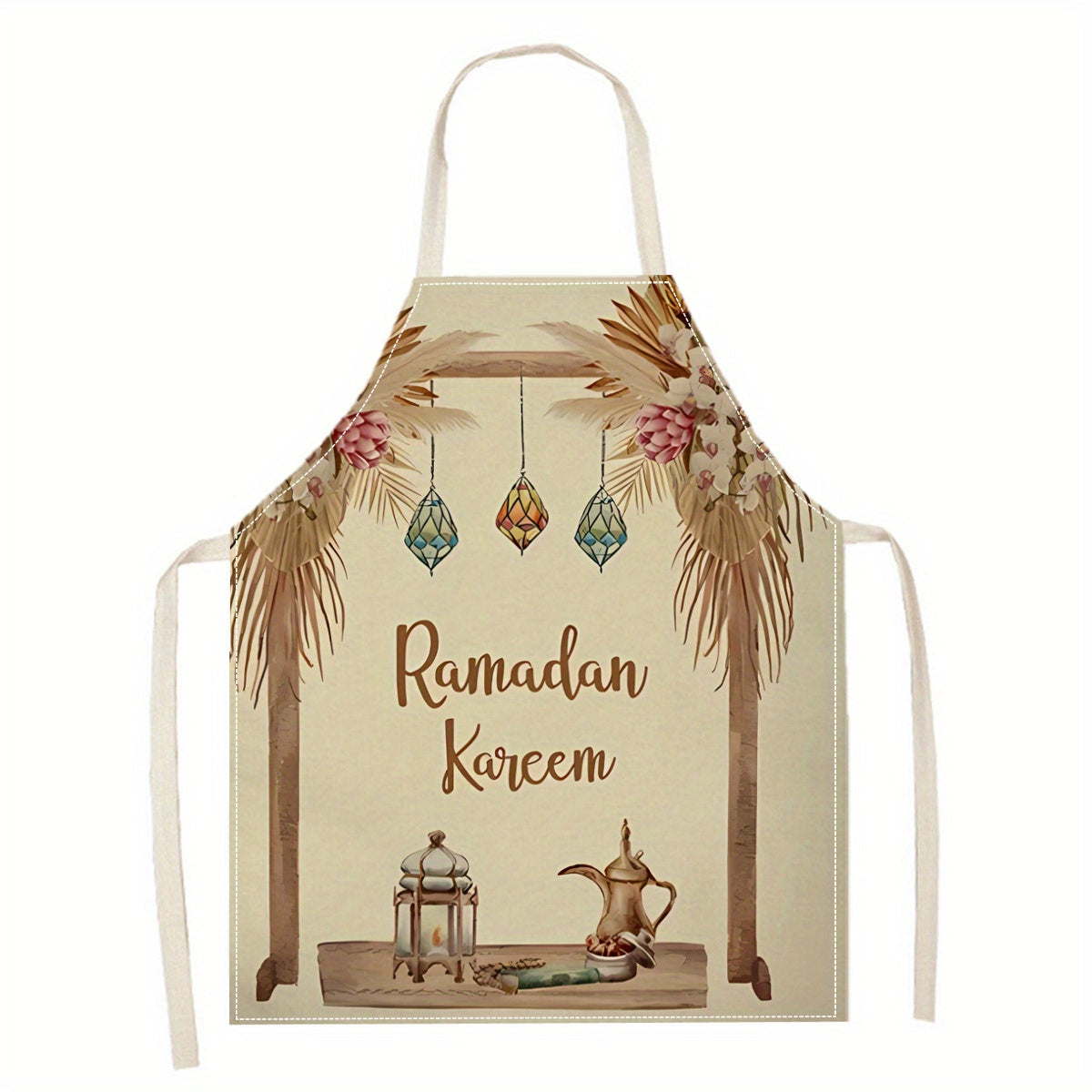 One-piece linen apron featuring a woven 3D print design perfect for kitchen and art projects. Made from 100% linen material, this apron showcases festive Ramadan Kareem and nail art patterns. It is a durable cooking apron that is both stylish and