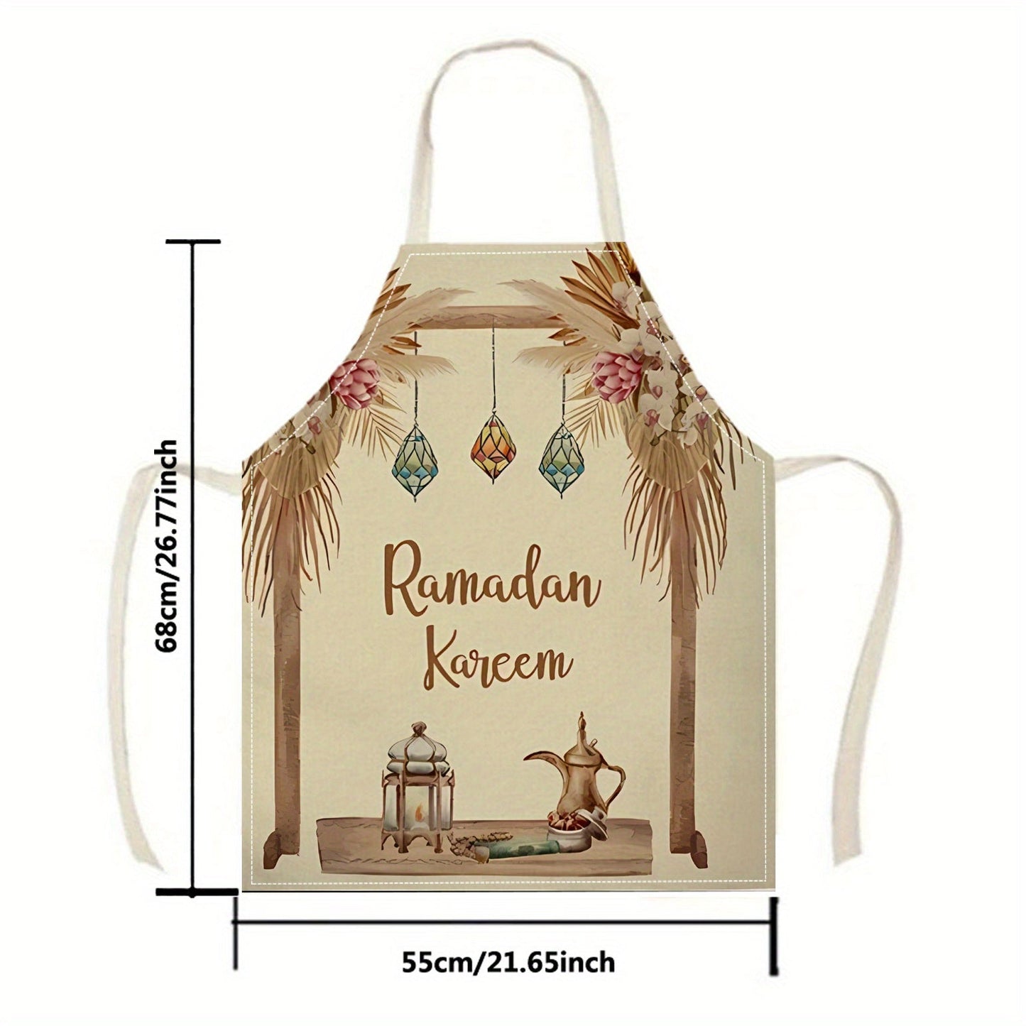 One-piece linen apron featuring a woven 3D print design perfect for kitchen and art projects. Made from 100% linen material, this apron showcases festive Ramadan Kareem and nail art patterns. It is a durable cooking apron that is both stylish and