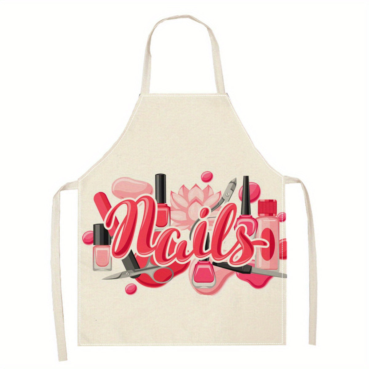 One-piece linen apron featuring a woven 3D print design perfect for kitchen and art projects. Made from 100% linen material, this apron showcases festive Ramadan Kareem and nail art patterns. It is a durable cooking apron that is both stylish and