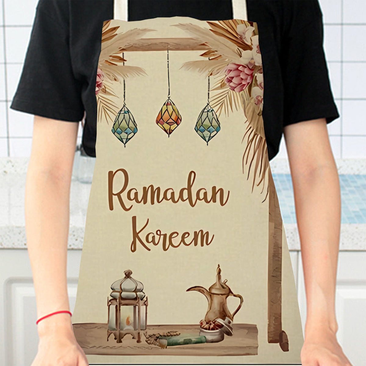 One-piece linen apron featuring a woven 3D print design perfect for kitchen and art projects. Made from 100% linen material, this apron showcases festive Ramadan Kareem and nail art patterns. It is a durable cooking apron that is both stylish and