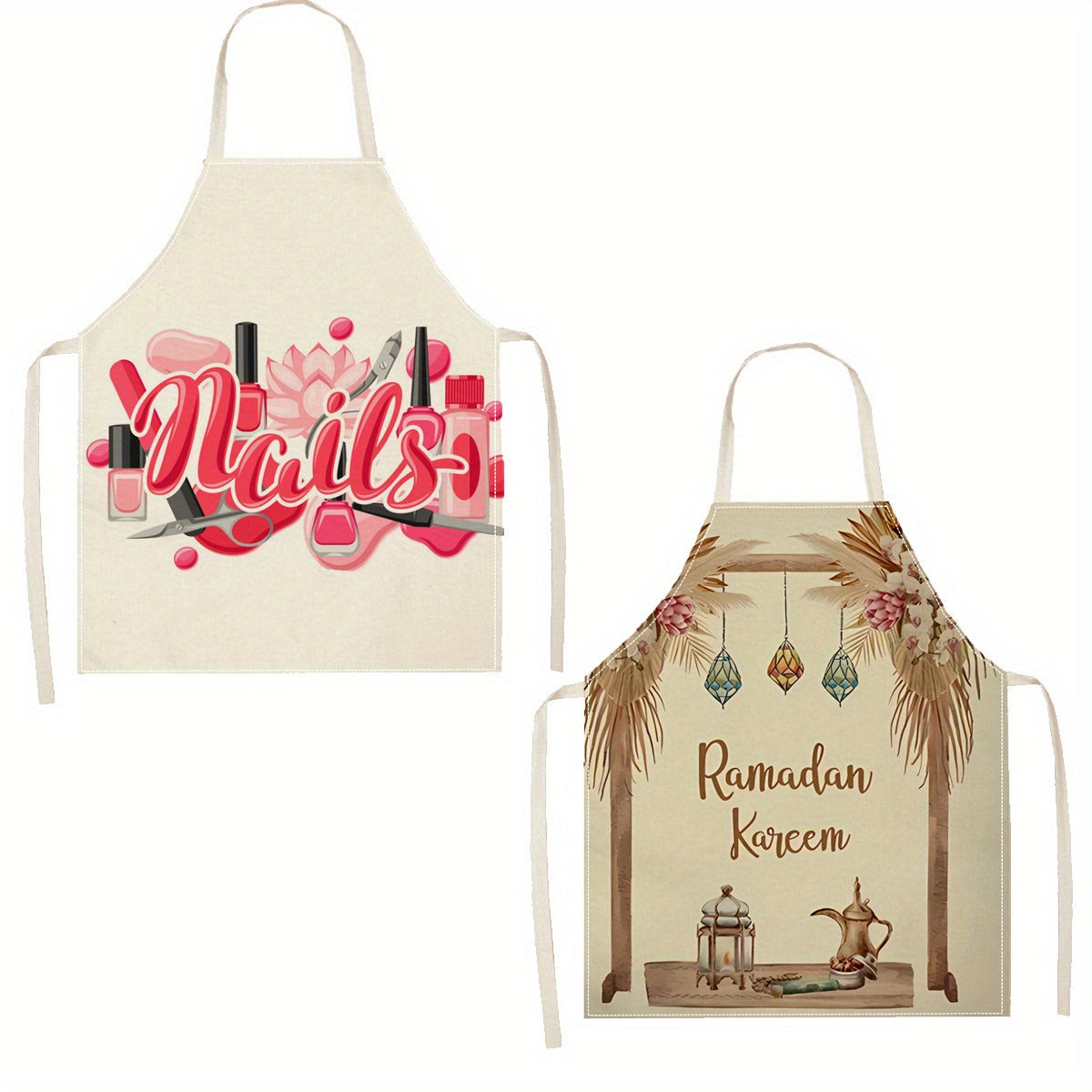 One-piece linen apron featuring a woven 3D print design perfect for kitchen and art projects. Made from 100% linen material, this apron showcases festive Ramadan Kareem and nail art patterns. It is a durable cooking apron that is both stylish and