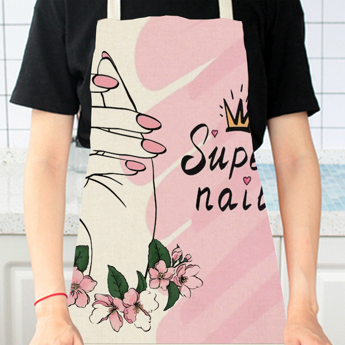 Artistic Linen Apron for Nail Art Enthusiasts featuring a 3D Nail Polish Print, Single-Sided Design, and Crafted with Weave Technique - Ideal for Kitchen Cooking.