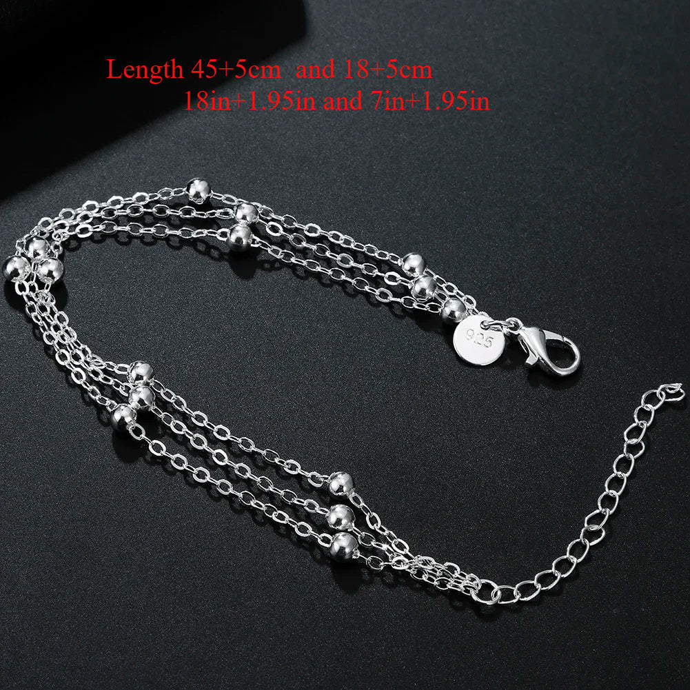 Lovely Christmas Gift Set: 1 SET of Fine 925 Sterling Silver Chain Beads Bracelet and Necklace Charm, Perfect for Men, Women, and Ladies at Wedding, Jewelry Set of 2 pieces.