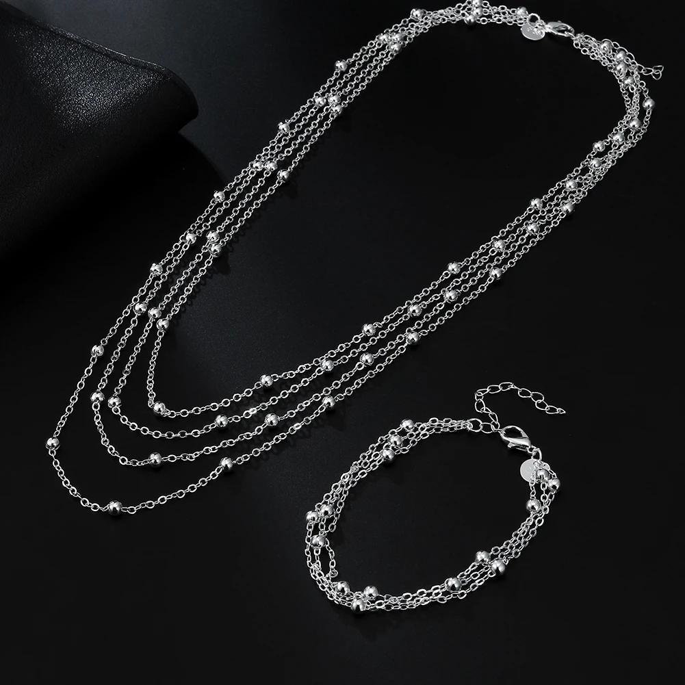 Lovely Christmas Gift Set: 1 SET of Fine 925 Sterling Silver Chain Beads Bracelet and Necklace Charm, Perfect for Men, Women, and Ladies at Wedding, Jewelry Set of 2 pieces.