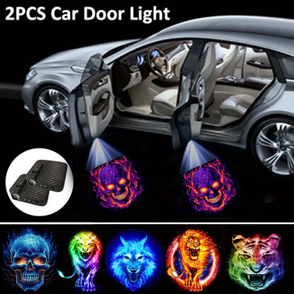 2 LED car door logo projector lights with fluorescent tire valve caps and courtesy step lights for interior. Universal fit accessory for cars with projection lighting.