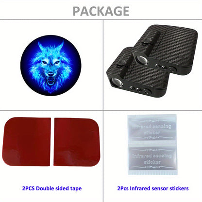 2 LED car door logo projector lights with fluorescent tire valve caps and courtesy step lights for interior. Universal fit accessory for cars with projection lighting.