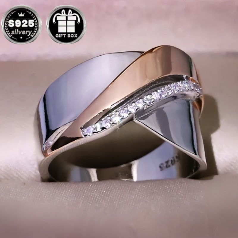 Stylish French-Inspired Wide Band Ring in 925 Sterling Silver with Natural Zirconia - Dual Tone Brushed Finish, Ideal for Valentine's Day, Weddings, and Special Events - A Stunning Anniversary and Engagement Ring, Exquisite Present for Mother's Day and