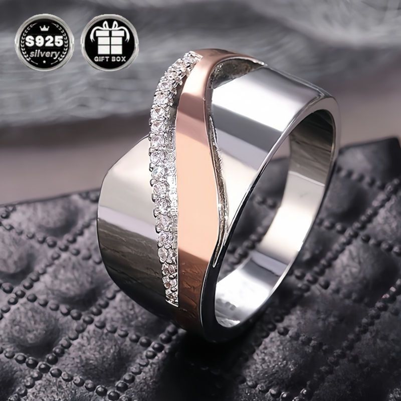 Stylish French-Inspired Wide Band Ring in 925 Sterling Silver with Natural Zirconia - Dual Tone Brushed Finish, Ideal for Valentine's Day, Weddings, and Special Events - A Stunning Anniversary and Engagement Ring, Exquisite Present for Mother's Day and